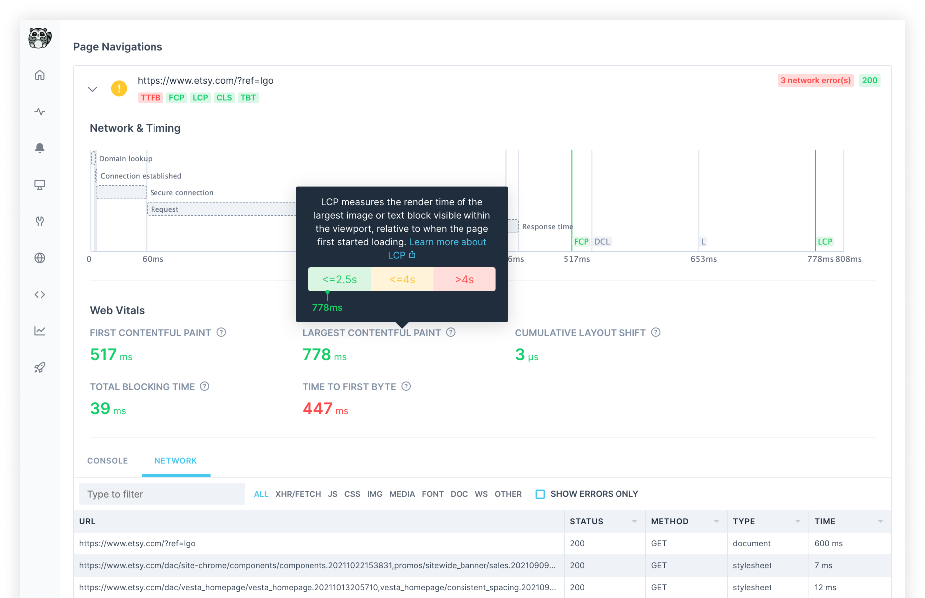 performance and error tracing check results on checkly